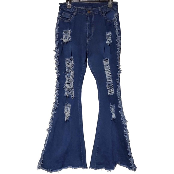 Unbranded Denim - Wide Flare High Rise Distressed Raw Fringe Hem Jeans Size Large, Very Stretchy!